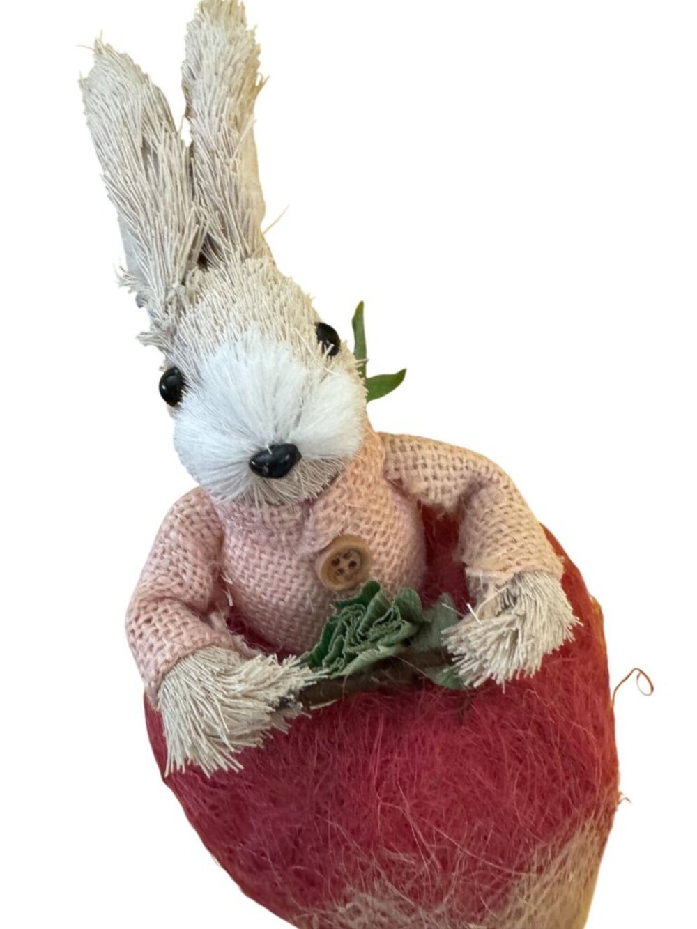 Vintage Handmade Sisal Bunny Riding Radish Cart Easter Spring Decor Glass Eyes - Picture 6 of 7